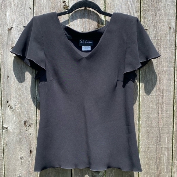 Vintage S. L. Fashions Black Flutter Sleeve Blouse White Hem Women's Size 10 EUC - Picture 1 of 6